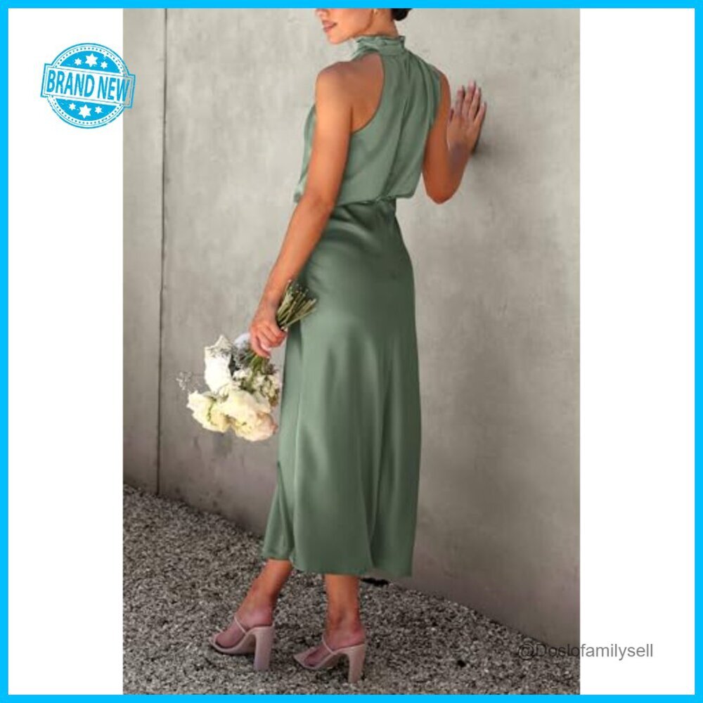 Elegant Satin Maxi Dress Mock Neck Sleeveless Cocktail Party Formal Wear - Picture 2 of 7